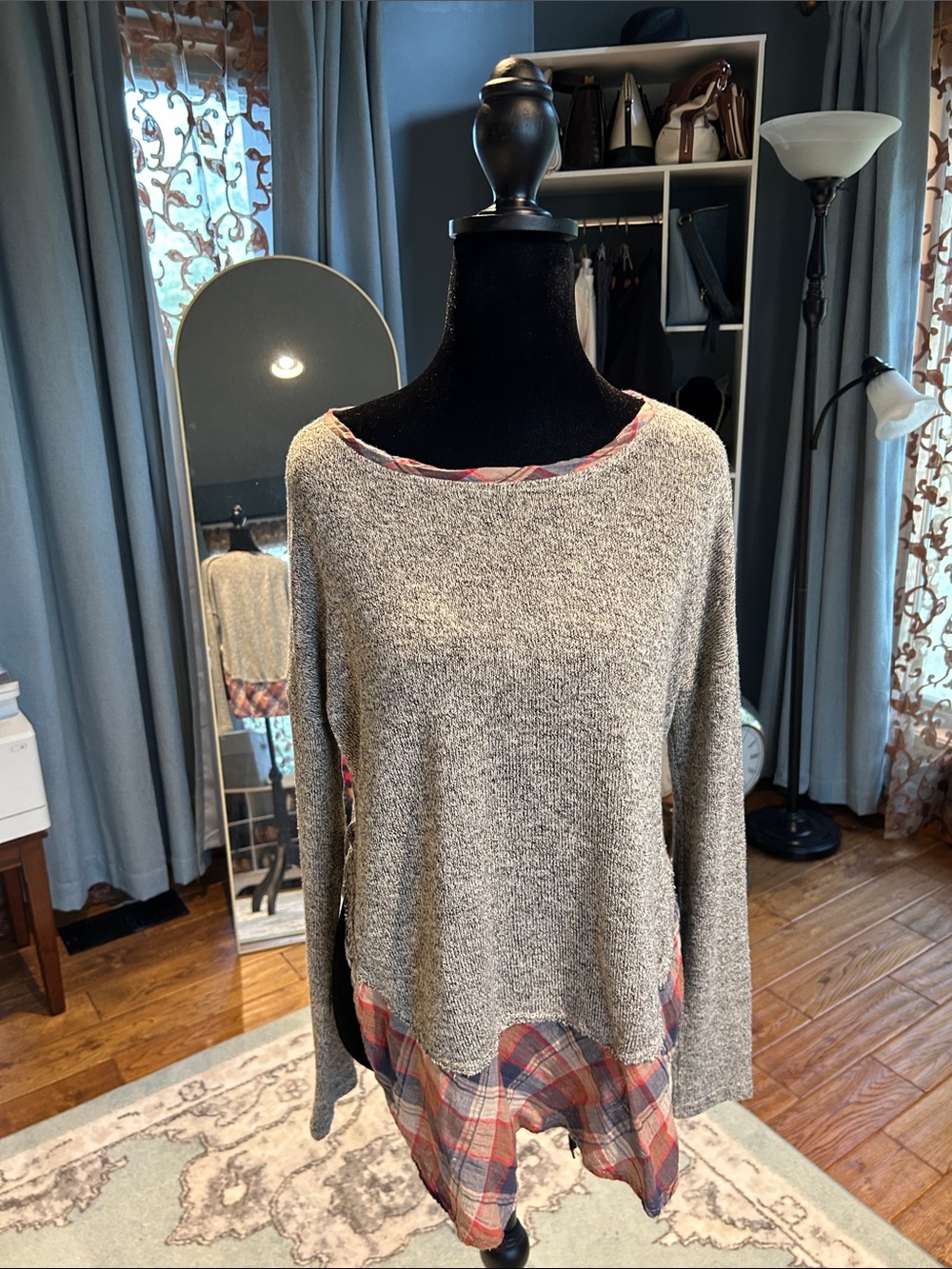 Hem & Thread Gray Knit Sweater with Red and Blue Plaid Hem
